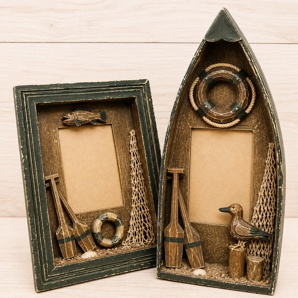 Vintage 3D Fishing Lakehouse Boat Country Rustic Outdoor Picture Frame 3.5x5 Pic